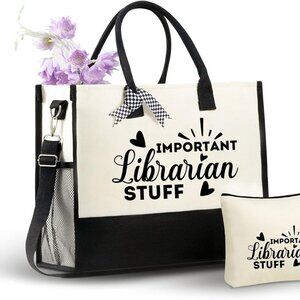 Women Canvas Tote Bag Gift Set with Zipper Pouch Ribbons Multi-Purpose